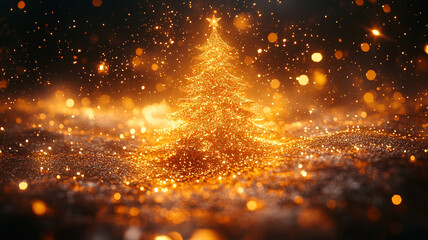 A golden Christmas tree on a black background.