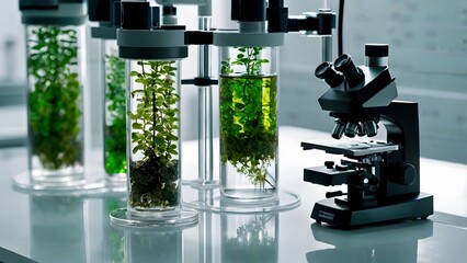 Microscope revealing scientific discoveries, plant studies, innovation, and green biotechnology advancements in laboratories worldwide.