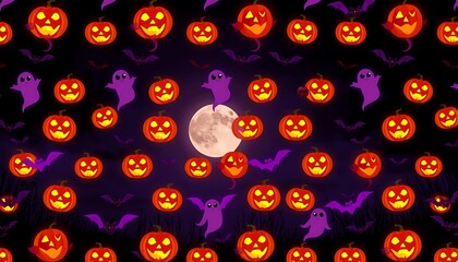 A spooky and eerie background featuring a repeating pattern of jack-o-lanterns, ghosts, and bats in a warm orange and purple glow, set against a dark night sky with a full moon.