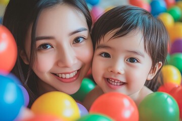 Obraz premium Wide angle of mother and kid in vibrant ball pool, smiling faces, colorful balls surrounding, bright indoor light, close-up expressions, energetic and joyful scene 2