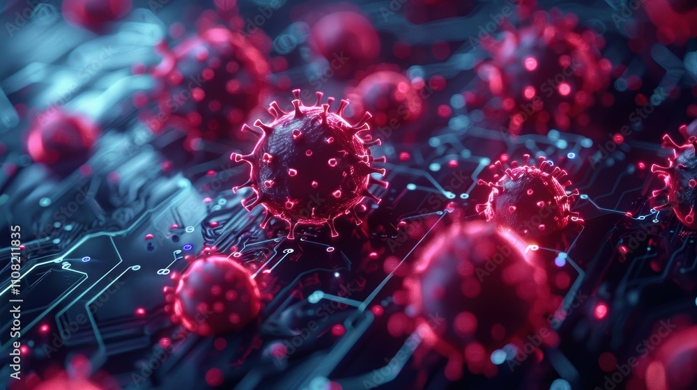 Poster digital representation of viruses on a circuit board background.