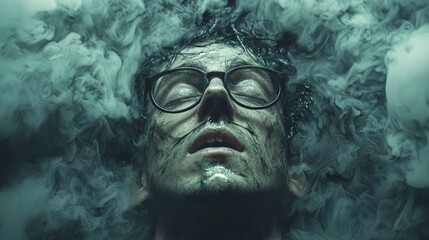 dark figure resembling dementor looms tired man wearing glasses as it drains joy form black smoke creating unsettling atmosphere filled shadows.