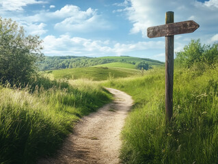 Charming Signpost Amidst Lush Greenery and Rolling Hills: A Picturesque Rural Landscape Inviting Exploration and Appreciation of Nature's Tranquility.