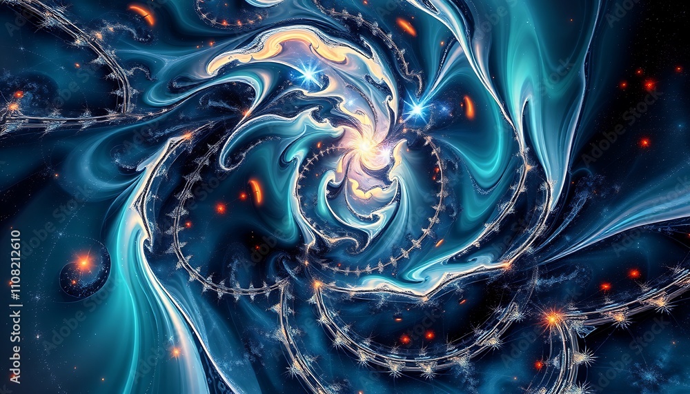 Poster infinite fractal dimensions merge with topological chaos, as cosmic looms weave celestial tapestries