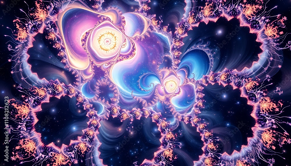 Poster infinite fractal dimensions merge with topological chaos, as cosmic looms weave celestial tapestries
