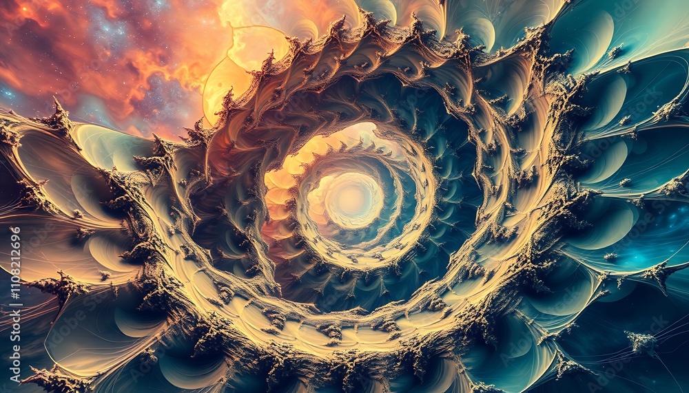 Poster infinite fractal realms where geometry dissolves into topological chaos, reality's fabric unravels l