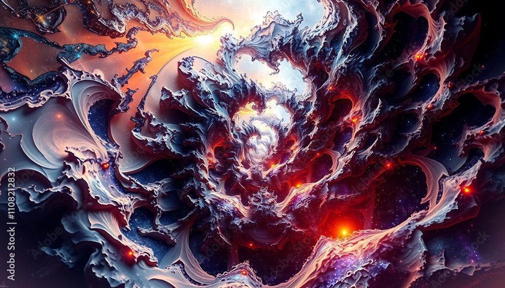 Poster infinite fractal realms where geometry dissolves into topological chaos, reality's fabric unravels l
