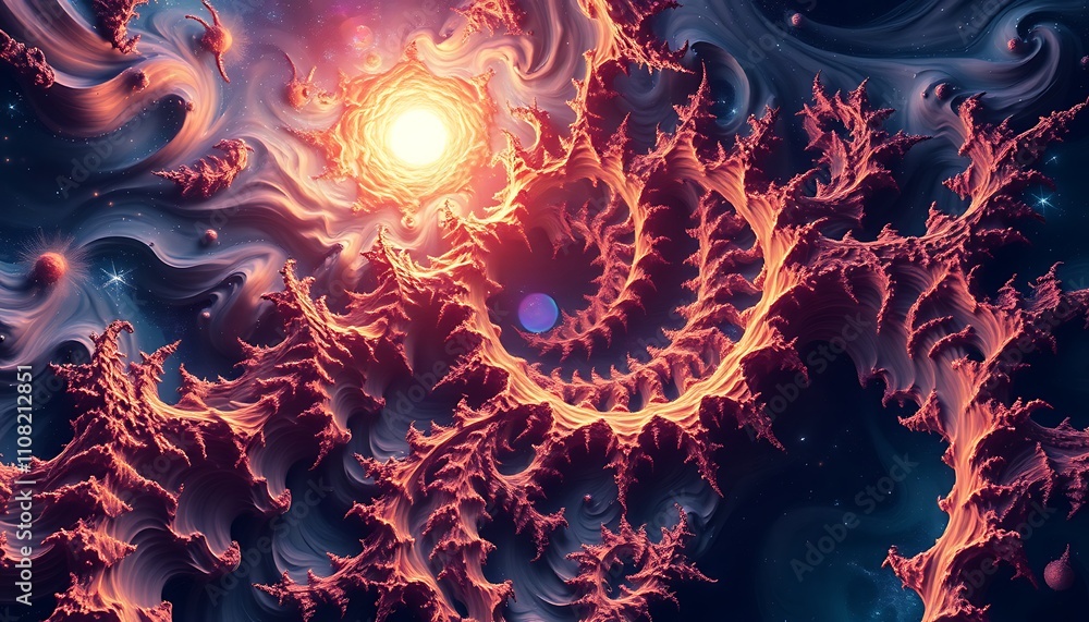 Poster infinite fractal realms where geometry dissolves into topological chaos, cosmic tapestries unravelin