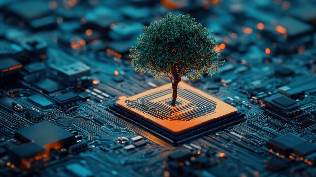 Baum auf mikrochip in digitaler kunst