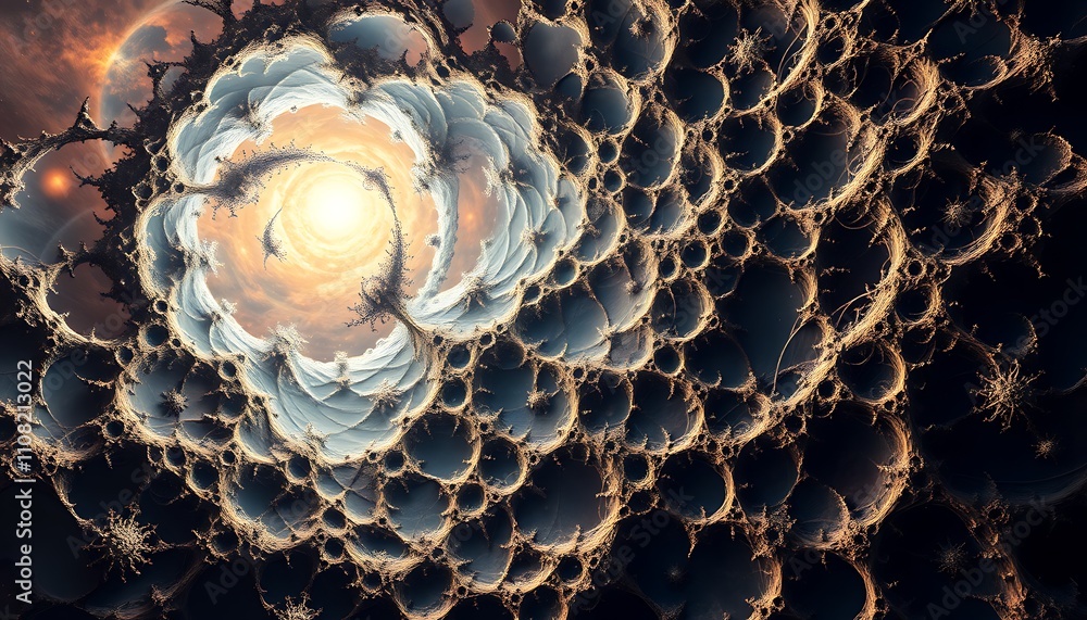 Poster infinite fractal realms where geometry dissolves into topological chaos, reality's fabric unravels l