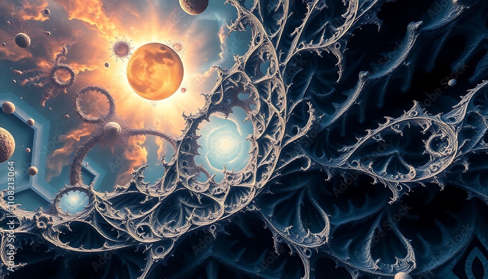 Poster infinite fractal realms where geometry dissolves into topological chaos, reality's fabric unravels l