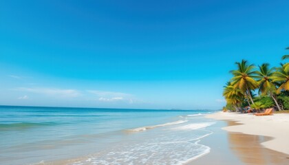 Sunny tropical beach with palm trees and gentle waves.