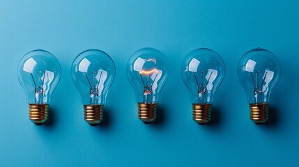 Five incandescent light bulbs on a blue background, one illuminated.