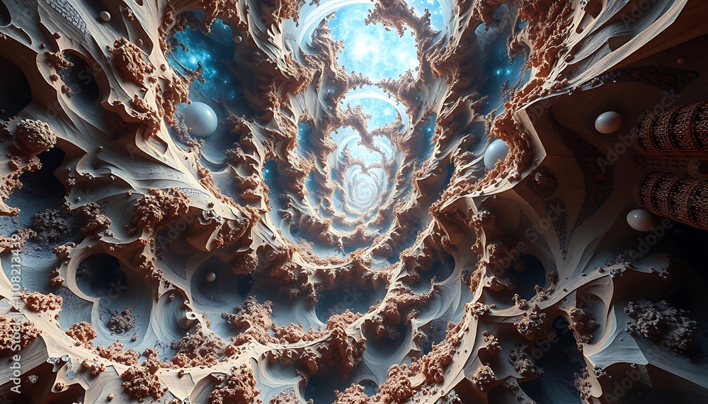 Poster infinite fractal realms where geometry dissolves into topological chaos, reality's fabric unravels l