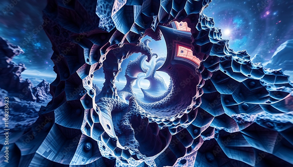 Poster a surreal dreamscape of infinite fractal landscapes, where geometric patterns morph into topological