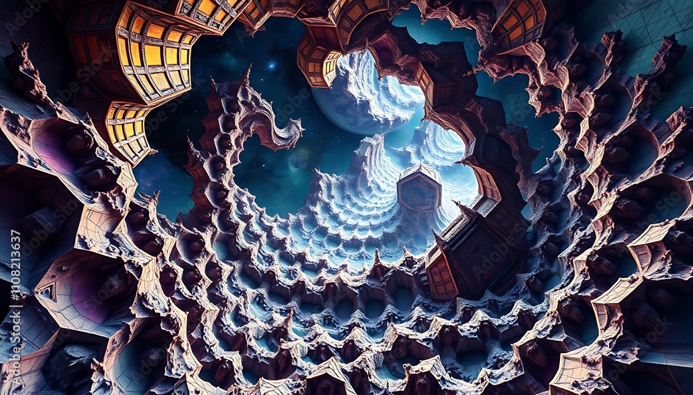Poster a surreal dreamscape of infinite fractal landscapes, where geometric patterns morph into topological