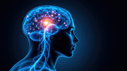 Obraz premium A 3D animated illustration depicting a human head with highlighted brain activity and a focus on the vagus nerve stimulation area.