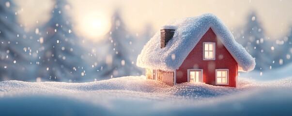 Small red house covered in snow during a snowfall at sunset