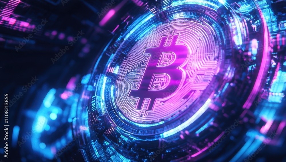 Poster the bitcoin logo, glowing in neon blue and purple hues against an abstract background the bitcoin sy