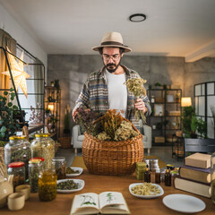 Adult man herbalist arranging herbs in basket at workshop