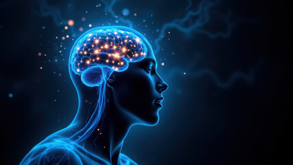 Obraz premium Vagus Nerve Stimulation depicted with a stylized human head showing electrical activity around the nerve pathway.