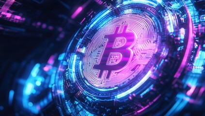 the Bitcoin logo, glowing in neon blue and purple hues against an abstract background The Bitcoin symbol is centered within circular lines representing circuitry or code Generative AI