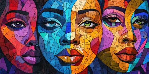 Colorful abstract portrait of three women showcasing diverse beauty and emotions, highlighting uniqueness and cultural heritage through vibrant colors and shapes.