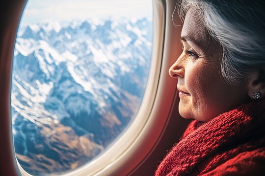 Middle-aged woman with red scarf, looking through the airplane window at the mountain range below, snowy peaks, bright sunlight, close-up shot, serene expression, high dynamic range, crisp details 2 - Powered by Adobe