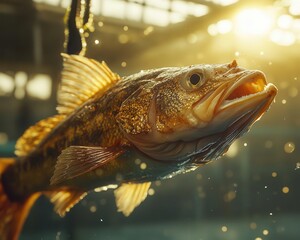 Obraz premium Atlantic cod being documented for marine research, industrial setup with warm sunlight