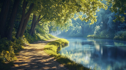 A serene river scene is depicted, featuring a winding, unpaved path that hugs the water's edge. On either side of the path, tall trees with dense, leafy canopies provide a vibrant green backdrop. Sunl