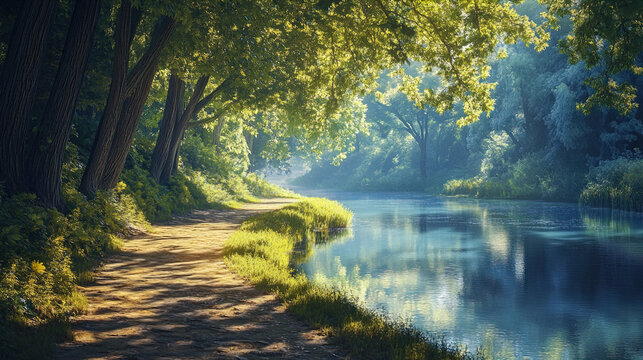 A serene river scene is depicted, featuring a winding, unpaved path that hugs the water's edge. On either side of the path, tall trees with dense, leafy canopies provide a vibrant green backdrop. Sunl