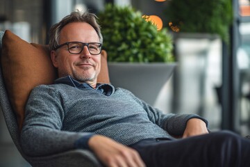 Fototapeta premium Middle-aged man with relaxed expression, casually reclined in a comfortable lounge chair at a modern airport lounge, natural lighting, daytime close-up view 8
