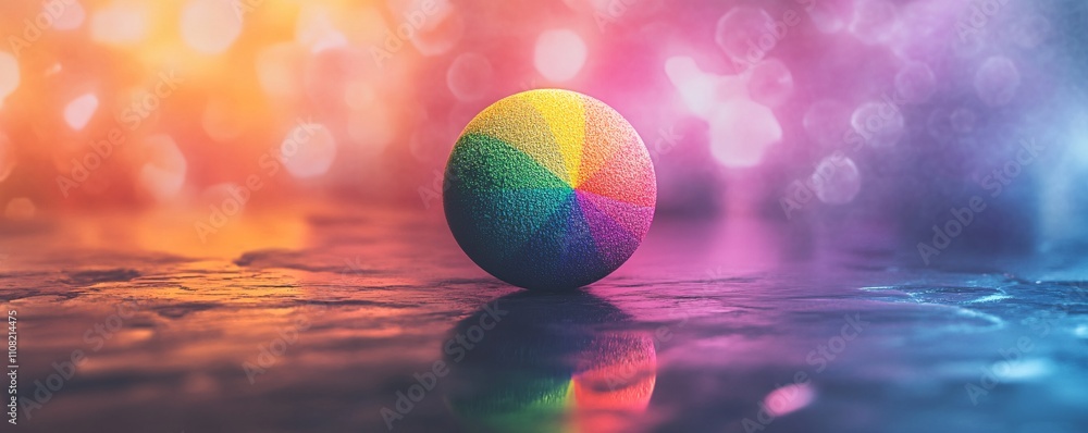 Aufkleber colorful sphere resting on reflective surface with bokeh background