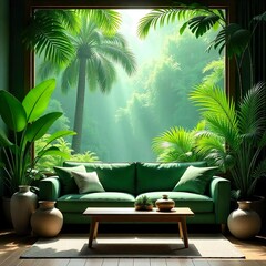 Obraz premium A scene that depicts a lush tropical jungle with palm trees and other plants that are shaded green, and a cozy indoor setting with a green sofa, wooden coffee table, and decorative vases in the foregr
