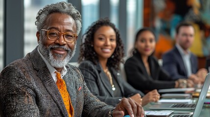 diverse group professionals engages collaborative session glass conference table modern office filled natural light. Team members share ideas using laptops and notebooks.