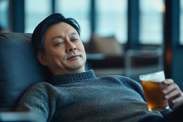 Middle-aged Asian man relaxing in airport lounge, reclining with peaceful expression, enjoying complimentary drink and snacks, warm tones, close-up 4