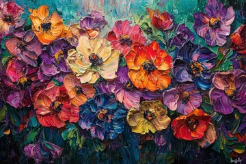 Fototapeta premium Vibrant floral painting featuring a rich variety of blooming flowers in shades of purple, red, orange, and yellow with a colorful background.