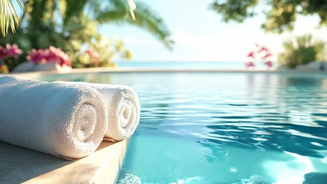 Luxurious poolside lounging with towels and clear water Generative AI 4K Video