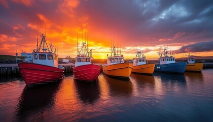 Obraz premium Icelandic fishing harbor at sunset, vibrant orange sky, colorful boats, and cool blue ocean tones