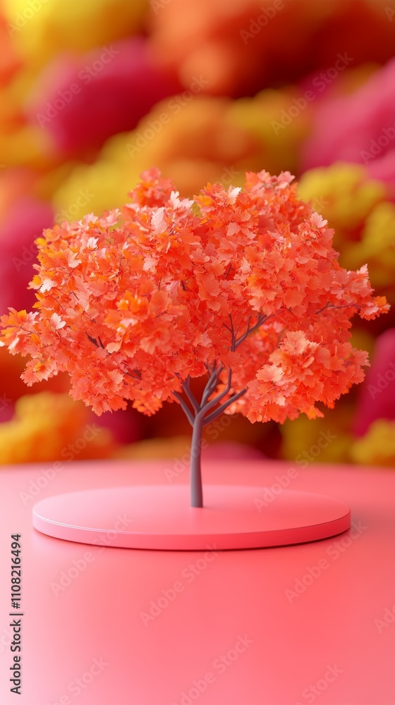 Poster a 3d rendered image of a small orange tree with a blurred background of pink and orange.