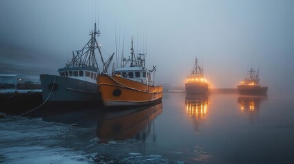 Fototapeta premium Icelandic fishing vessels docked in a cold harbor, industrial scene with soft misty light