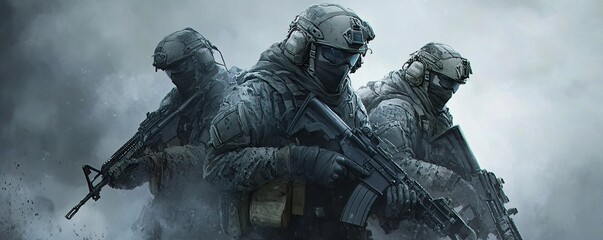 Military squad advancing in hostile environment during special operation