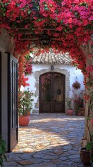 Fototapeta premium A beautiful archway covered in vibrant pink flowers leads to a charming stone patio with a wooden door in the background.
