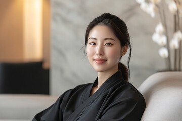 Fototapeta premium A portrait of a Korean spa owner, sitting gracefully on a sleek sofa, slightly turning her head with a serene expression, background featuring marble flooring and soft, ambient lighting 3