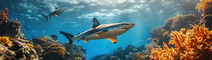 Fototapeta premium Marine biologists studying shark behavior near coral reefs, underwater perspective, and vibrant biodiversity