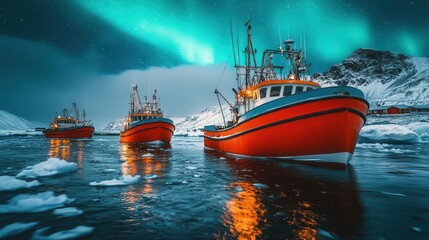 Fototapeta premium Norwegian fishing boats navigating the Arctic Circle, aurora borealis glowing softly above, magical lighting