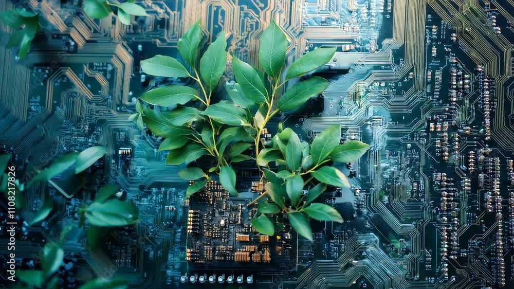Poster generative ai of digitally created of ree with foliage growing from a circuit board illustrating the