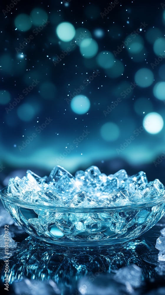 Poster a bowl of ice cubes on a dark background with bokeh lights.