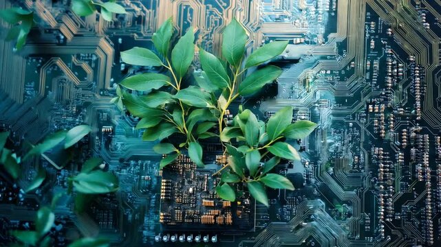 Generative AI of digitally created of ree with foliage growing from a circuit board illustrating the concept of technology 4K Video