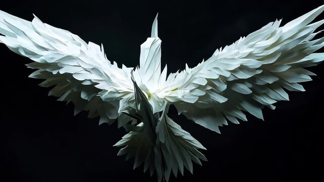 A paper sculpture depicting a bird with its wings gracefully spread out, showcasing the intricate details of the art form, Depict an origami crane crafted from binary permutations, 4K Video